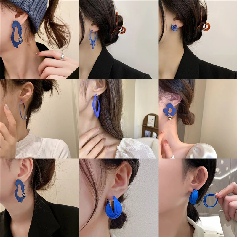 

Simple Geometric Alloy Earrings Haze Blue Variety Of Royal Blue Studs Geometric Pure Color Crystal Earrings For Women Jewelry