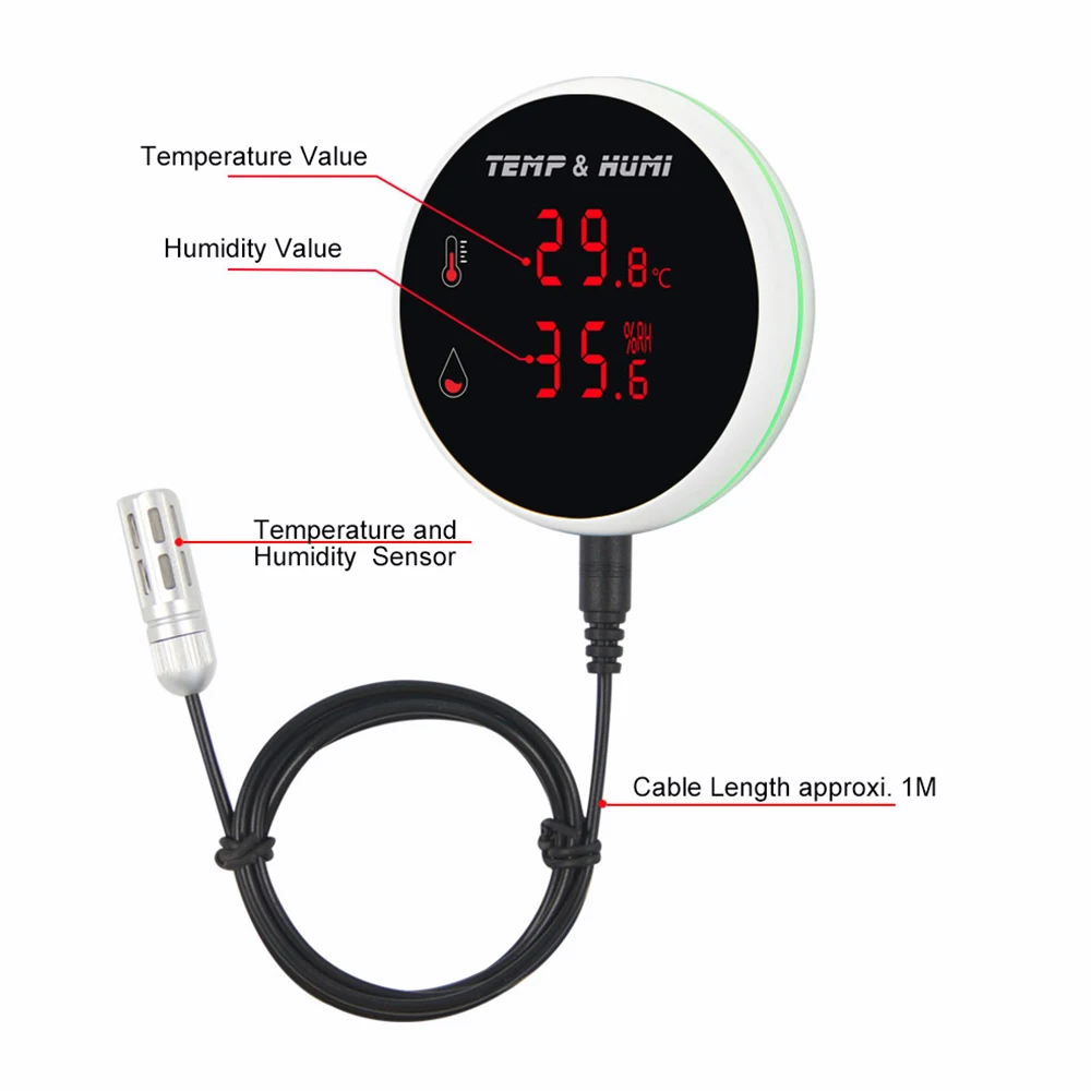 

Умный Wi-Fi контроллер температуры и влажности Tuya с внешним датчиком температуры и влажности, USB-зарядкой или перезаряжаемой батареей