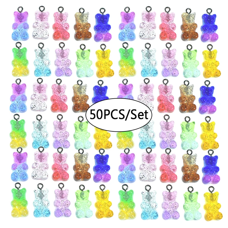 

50pcs/ 22*11mm Resin Bear Charms Flatback Gummy Little Bear Glitter Charm Pendant for Necklace Earring DIY Jewelry Making