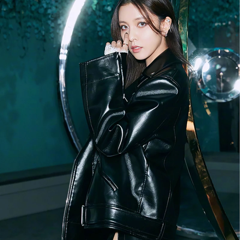 

2022 Spring and Autumn New Real Leather Jacket with Belt Women Black Loose Natural Sheepskin Coats Motorcycle Leather Overcoat