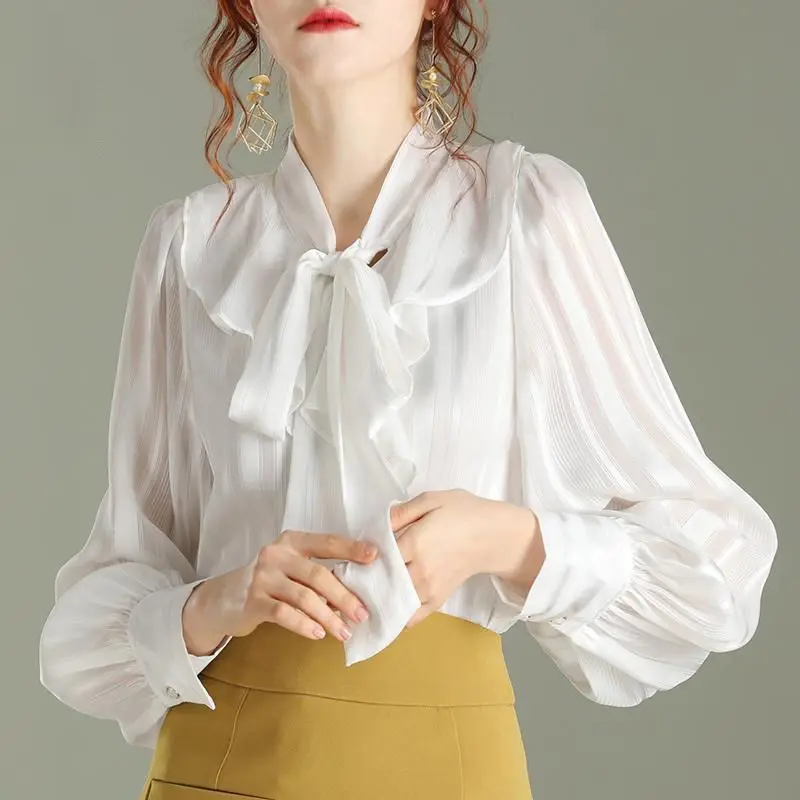 

Women's Spring Autumn Chiffon Blouses Shirts Women's Elegant Bow White Solid Color Long Sleeve Casual Tops Blusas Mujer E157
