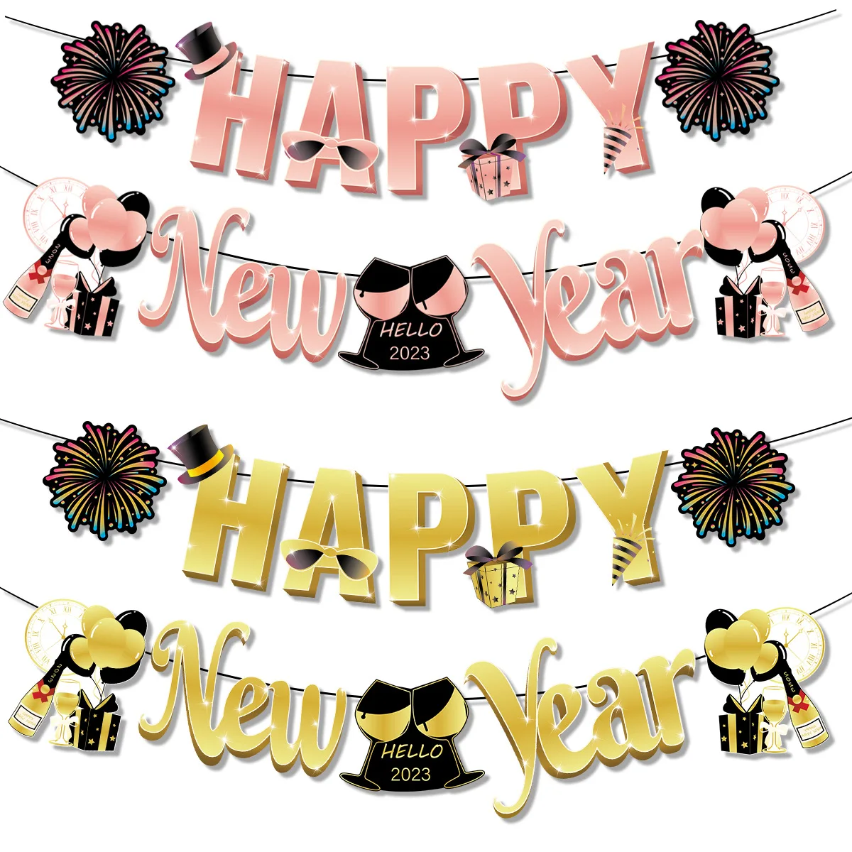 

2023 New Year Party Decoration Gold Hello 2023 Banners Champagne Balloons Banner Kids Adults Happy New Year Party Decor For Home