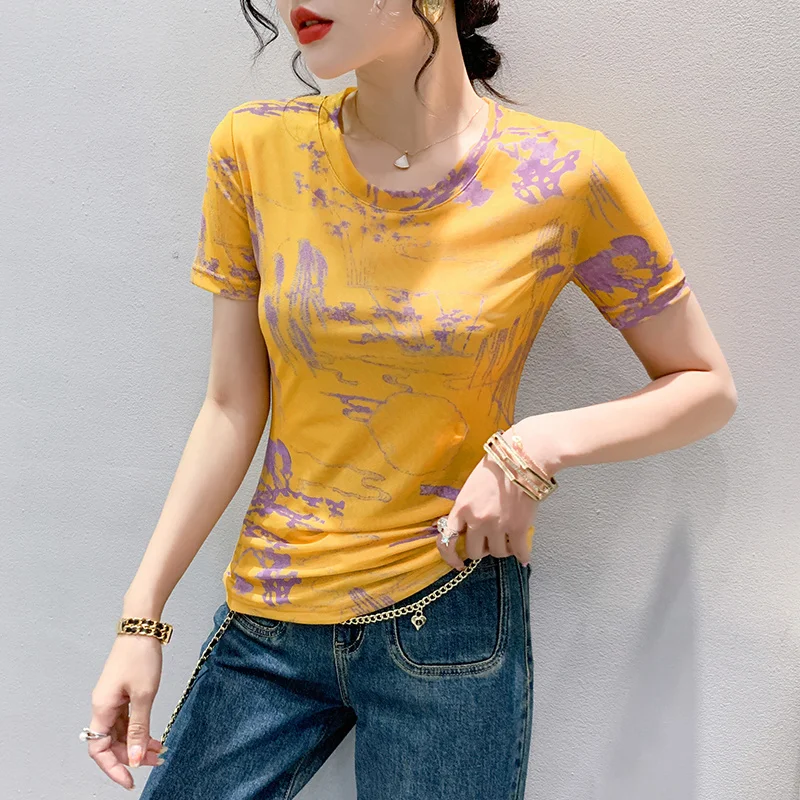 

#6314 Black Green Yellow T Shirt Women Short Sleeve Summer Mesh Printed T Shirt Female Elastic Mesh T-Shirt Vintage Slim Summer