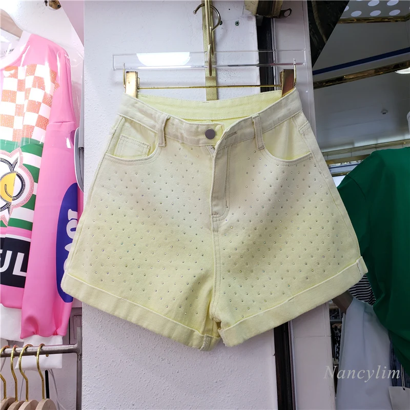 

Yellow Gradient Rhinestone Denim Shorts Women's 2022 Summer High Waist Straight Loose Wide Leg Short Ladies