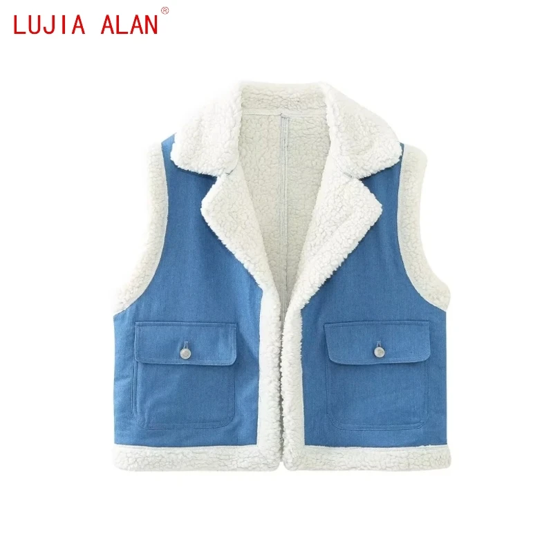 

Женский джинсовый кардиган в стиле пэчворк, повседневный Свободный кардиган из овечьей шерсти с воротником-стойкой, осень, C2062