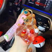 creative oil cake milk tea cup liquid floating bottle keychain men and women couple pendant backpack lanyard holiday decoration