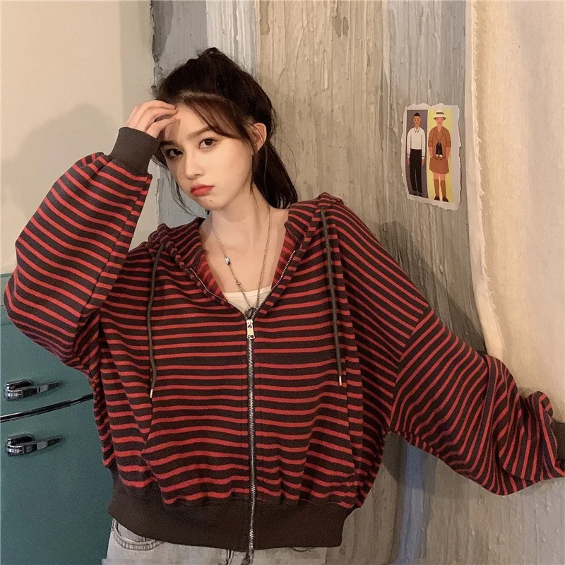 Women's Loose Versatile Striped Hoodie Zipper Cardigan Jacket 2022 Autumn Long Sleeve Drawstring Coat Ladies Street Wear Outside