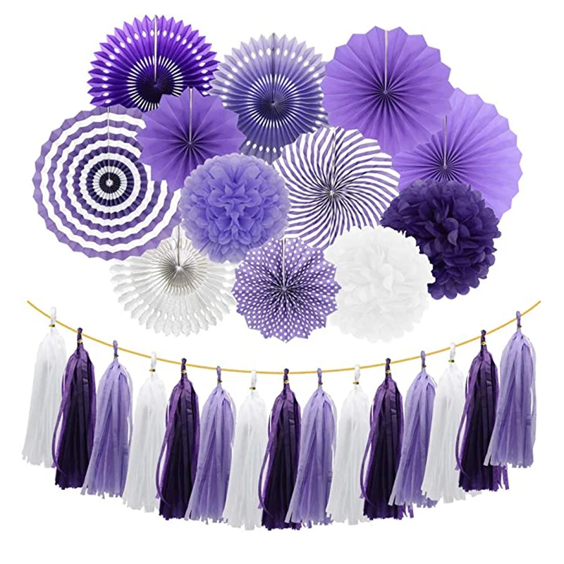 

27Pcs Purple White Paper Fans Pom Poms Flower Tissue Tassel Garland Backdrop For Lavender Baby Shower Birthday Party Decoration