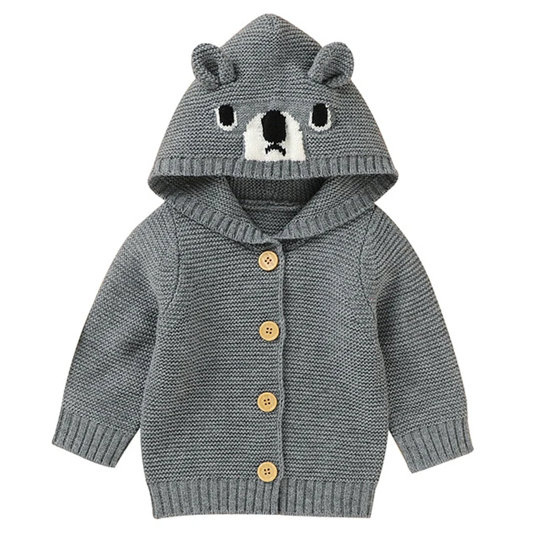 

0-2-year-old baby knitted Hooded Coat spring and autumn new boys and girls pure color cartoon printed bear knitted cardigan coat