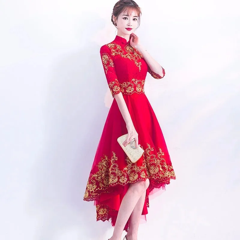 

Потрясающая Невеста 2023 Новинка модное весенне-осеннее китайское красное вечернее платье с рукавом женское облегающее, короткое до и долго после.