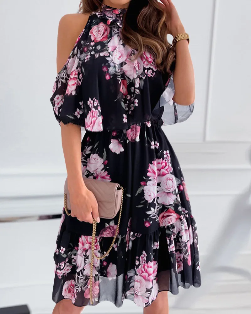 

2022 Women Spring Summer Half Sleeve Hollow Out Off Shoulder High Waist Knee Length Dress Sexy Casual Fashion Loose Ruffles