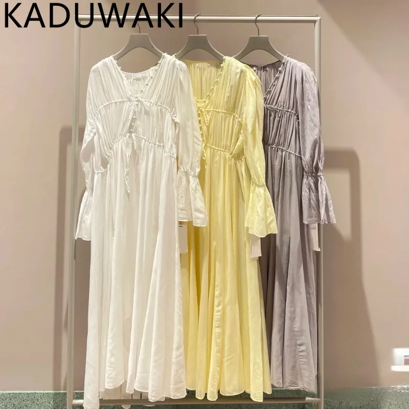 Japan Style Fairy V-neck Lace Up Dress Mujer Flare Long Sleeve Vestidos Spring Pleated Dresses Women 2023 New Robe Femme