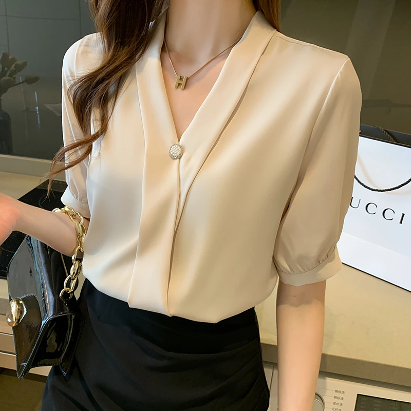 

XIAOMI Blusas Blouse Women Blusas Mujer De Moda Shirts Blouses Femme Top Short Sleeve V-Neck Chiffon Blouse Shirt Tops Women