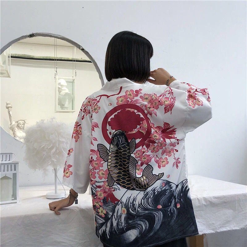 Harajuku Floral Printed Japanese Kimono Retro Cardigan Sunscreen Jacket Satin Blouse Unisex Loose Shirts Jiu Jitsu Tops Chaqueta images - 6