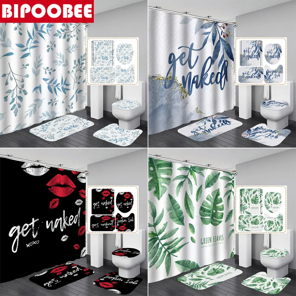 

Get Naked Shower Curtains Plants Leaves Bathroom Mat Cover Toilet Lid Anti-skid Rug Bath Mat Set Bathtub Curtain with Hooks