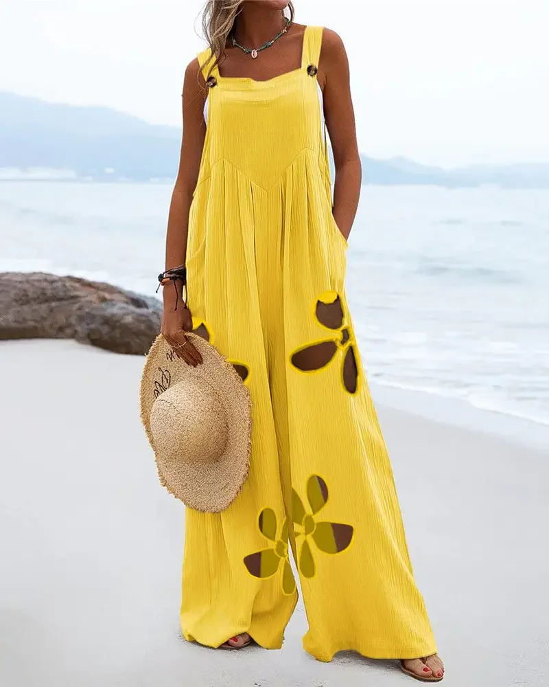 CHAXIAOA 1 Piece Summer 2022 Women Vacation Plants Print Casual Wide Leg Suspender Jumpsuit