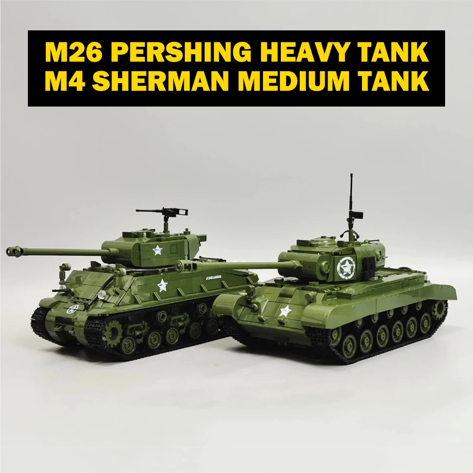 Фото WW2 Military US Army M26 Pershing M4 Sherman Medium Tank Building Blocks Heavy Tank with Crew Soldiers Кирпичи Игрушки для детей Подарок №1