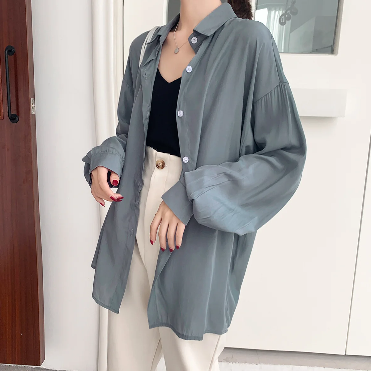 

Butemoda Spring Summer Lapel Shirt Minimalism Button Up Solid Color Blouse Buttoned Shirt Long Sleeve Blouse Women Tops