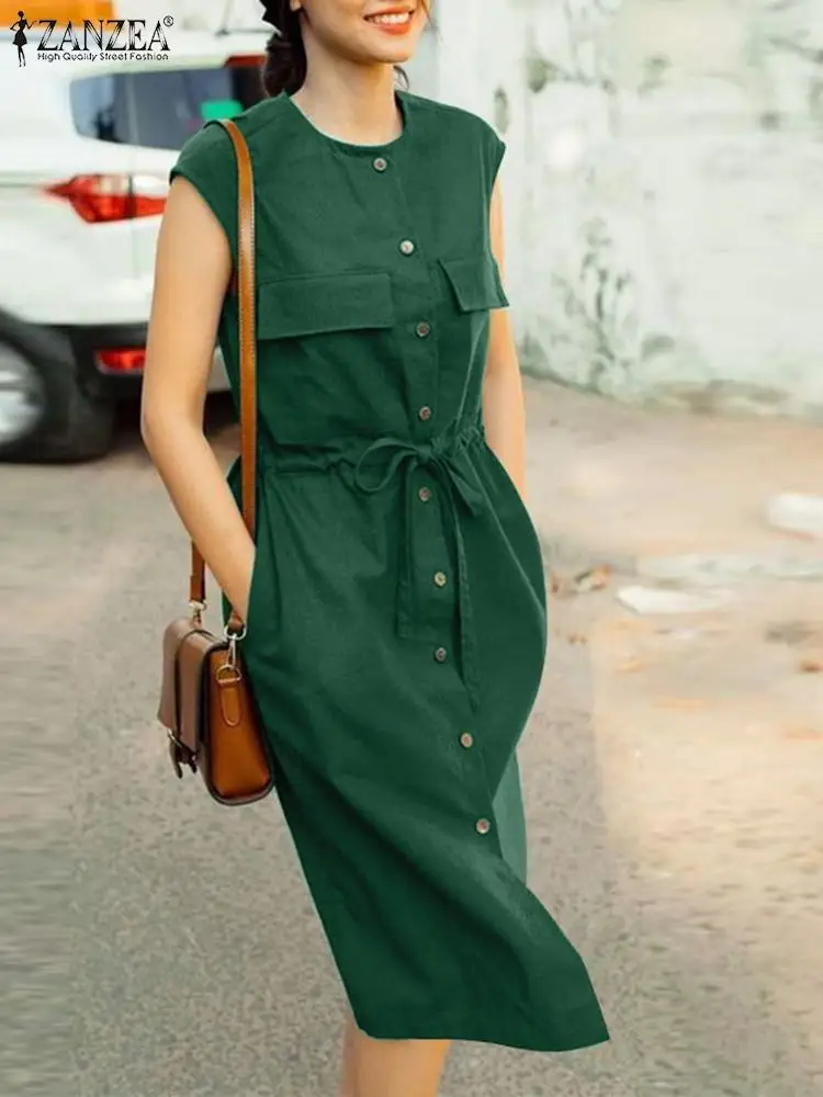 

ZANZEA Casual Sleeveless Tank Dresses Women Single Breast Sundress Holiday Pockets Robes Fashion Drawstring Waisted Midi Vestido