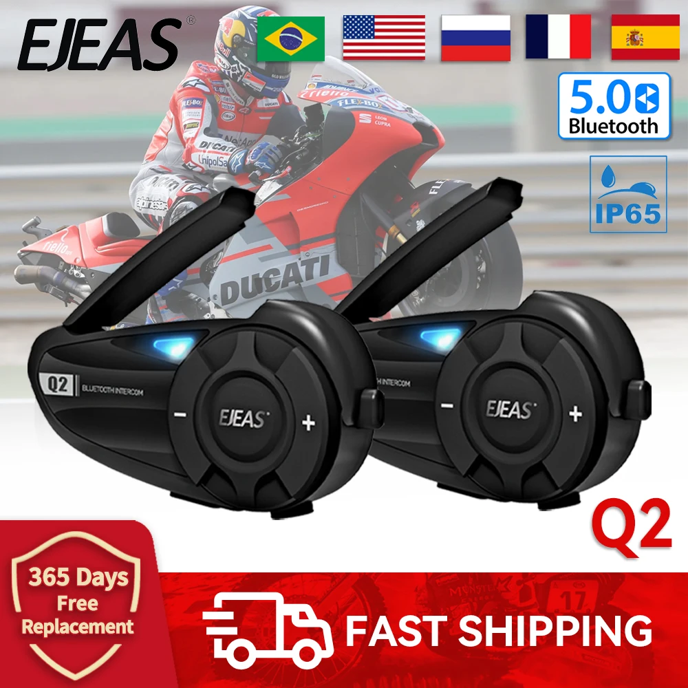 

EJEAS Q2 Motorcycle Bluetooth 5.1 Intercom Wireless Helmet Headset Waterproof Quick Pair FM Radio 2 Riders Interphone Earphone