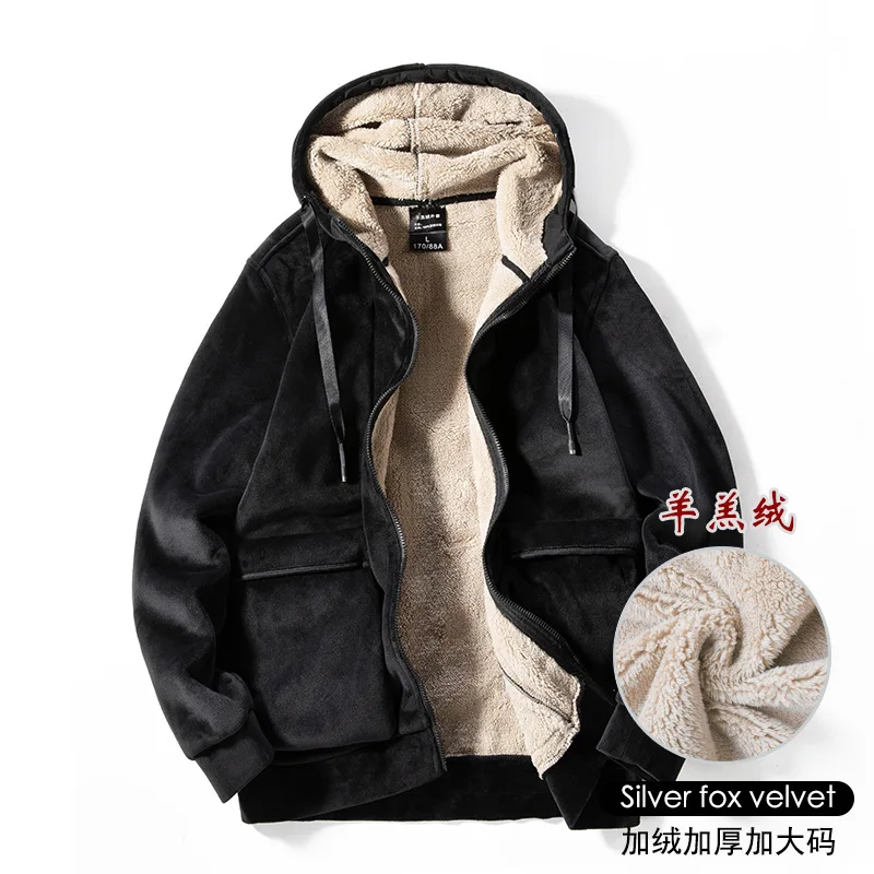 

Korean Style Winter Oversized Plus Fleece Hooded Jacket Men Thickened Warmth Imitation Lamb Velvet Jacket Men's Sports Jacket