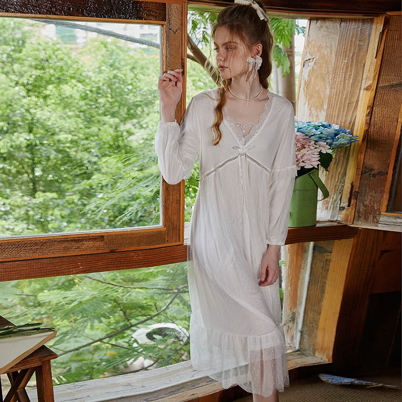 New Women's Spring Autumn Bowknot Lace Gauze Splicing Cotton Lining Nightgowns Sleepshirts Sleepwear Pajama