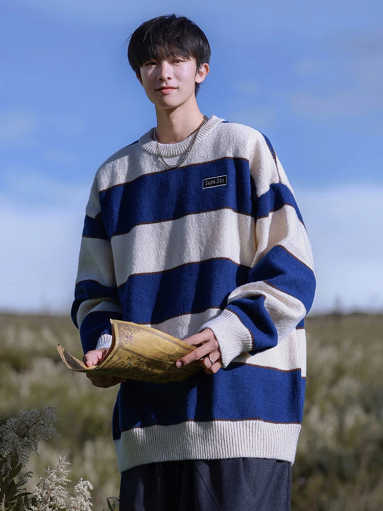 Пуловер в полоску мужской свитер осень-зима 2023 новый японский модный вязаный из