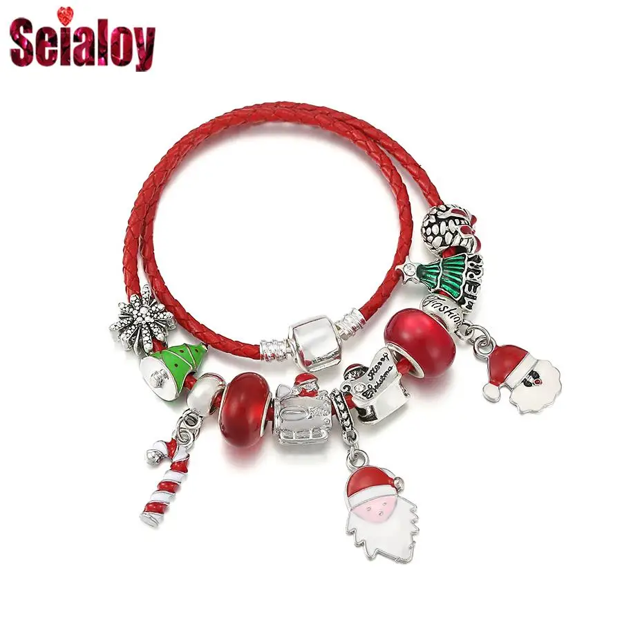 Seialoy Санта-Клаус и трость Шарм Красные кожаные браслеты для женщин мужчин