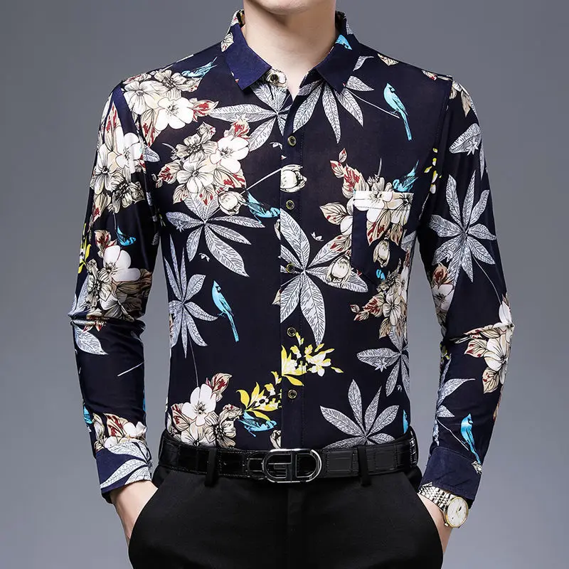 Spring and Autumn New Ice Silk Men's Long-Sleeved Silky Shirt Printed Long-Sleeved Printed Shirt Men's Shirt Button up Shirt