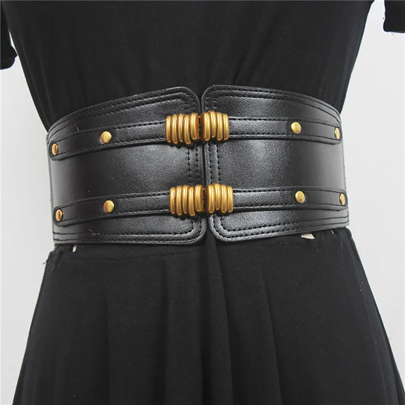 

Fashion Lady Black Waist Belt Extra Wide Corset 2 Straps Belt Dress Cummerbund Black PU Leather Elastic Waistband For Dresses