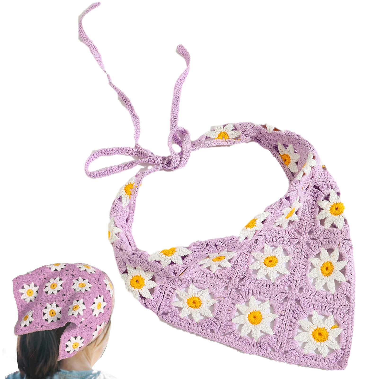 

Crochet Bandana Floral Bandanas Crochet Hair Scarf Women Hair Scarf Daisy Headband Vintage Head Kerchief For Girls