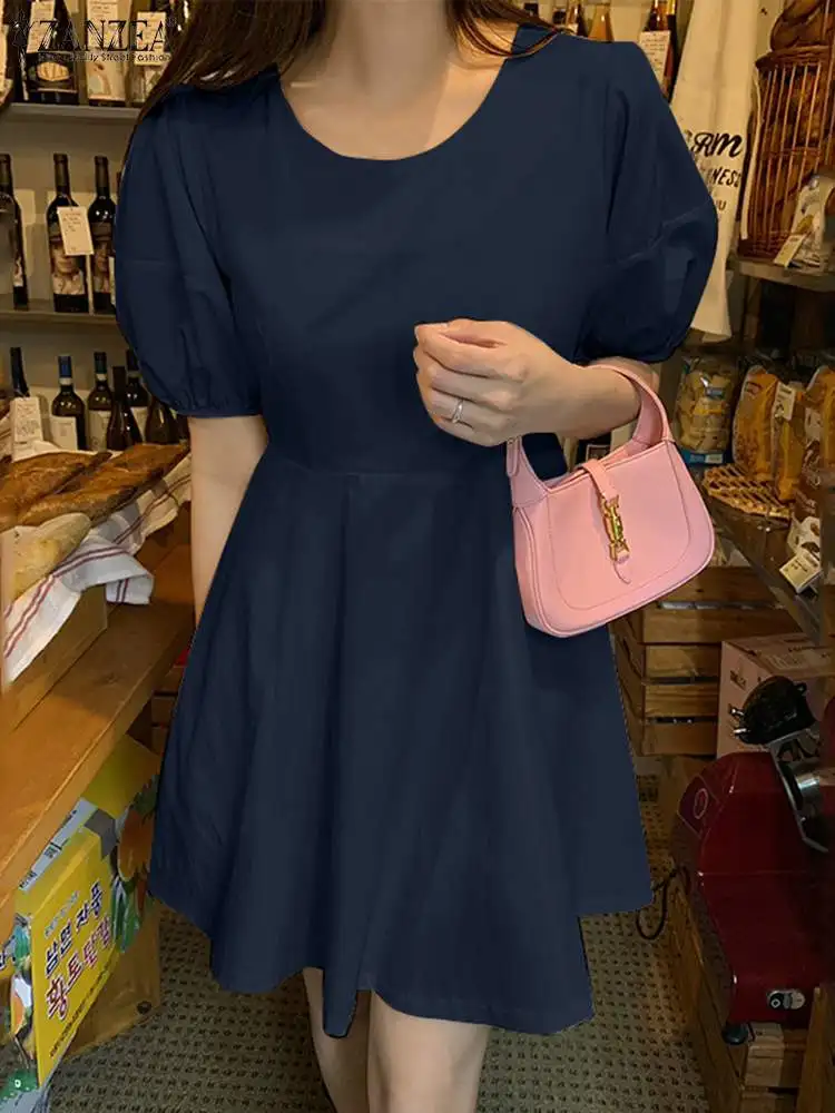 

ZANZEA Short Puff Sleeve 2022 Fashion Sundress Korean Women A-line Elegant Short Robe Pleats Summer Casual Loose Mini Dress