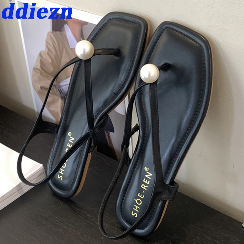 

Summer Flip Flops Sandals Shoes For Women 2023 Luxury Footwear Female Outdoor Beach Fashion Pearl Flats Ladies Sandals Slides
