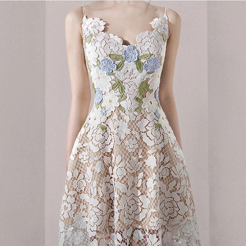 

Женское винтажное платье с цветочной вышивкой, Белое Кружевное облегающее платье на тонких бретельках с V-образным вырезом, Элегантное летнее платье