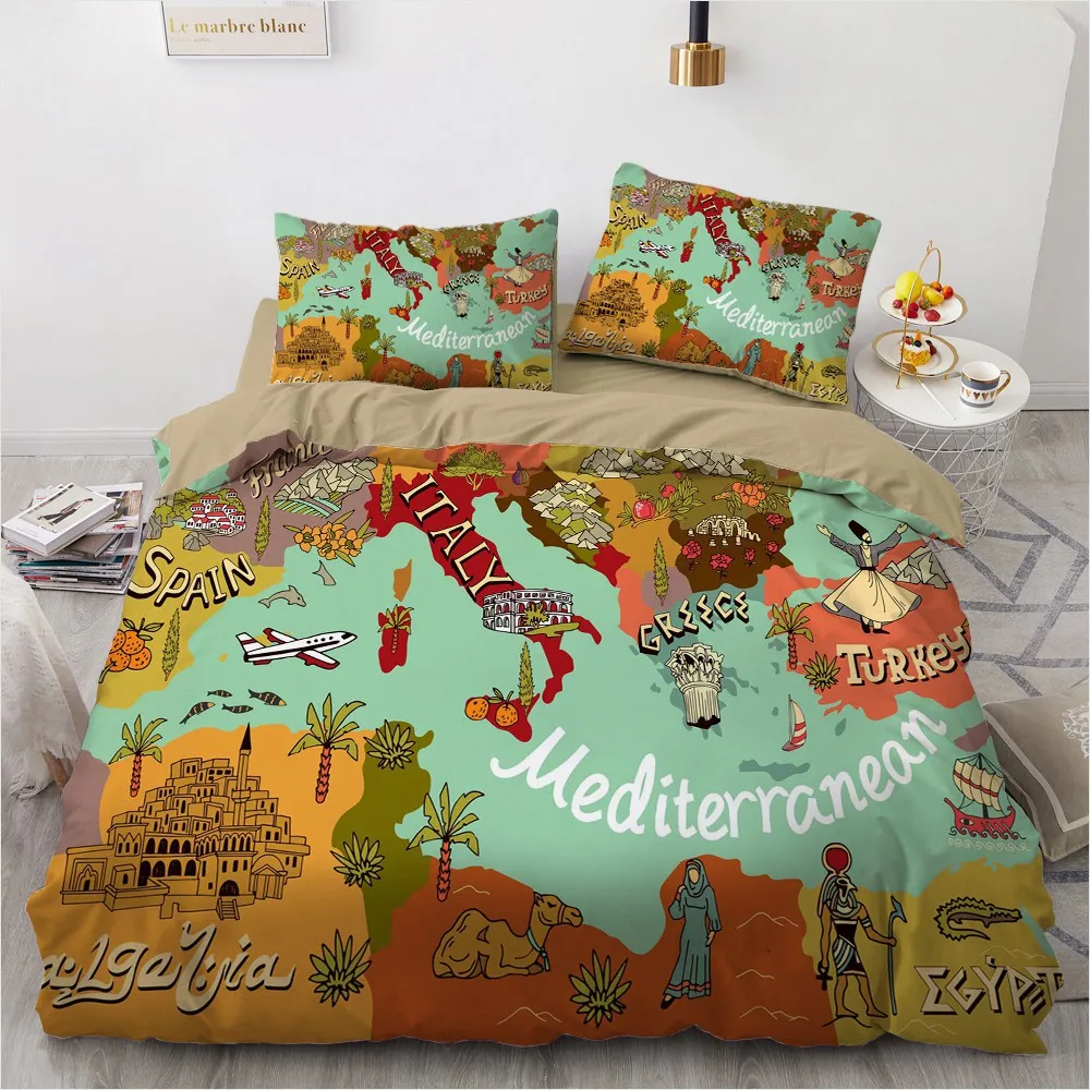 

3D Digital Cartoon Map Comforter Bedding Sets Vintage Duvet Cover Set Twin Queen King Size 220x240cm Bed Linen for Boys Children