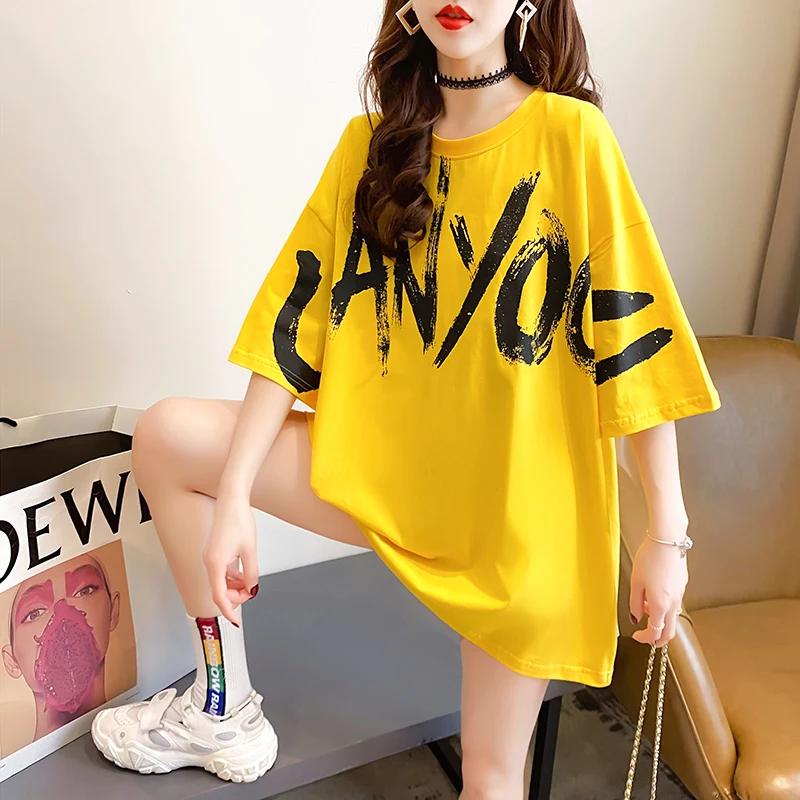 

8122【Real Shot Nett】Short-SleeveTT-shirt Women's Summer2021New Korean Style Mid-Length Student Top Large Size Women's Clothing