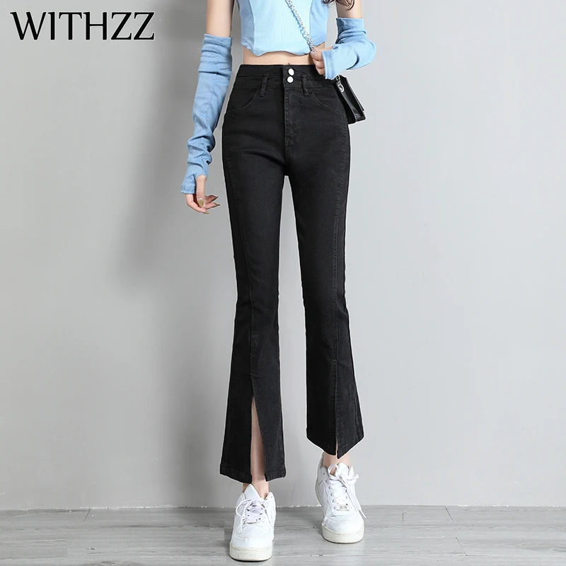 

WITHZZ Spring Autumn Women Slim Fit Black Denim Flared Wide Leg Pants Casual High Waist Female Slit Jeans