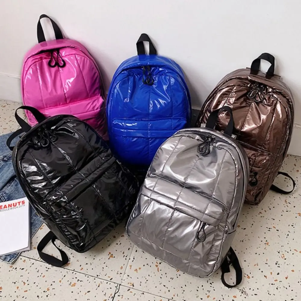 

Large-capacity Student Backpacks Fashion Bright Leather Solid Color Check Bag Space Cotton Versatile Backpack Teenger