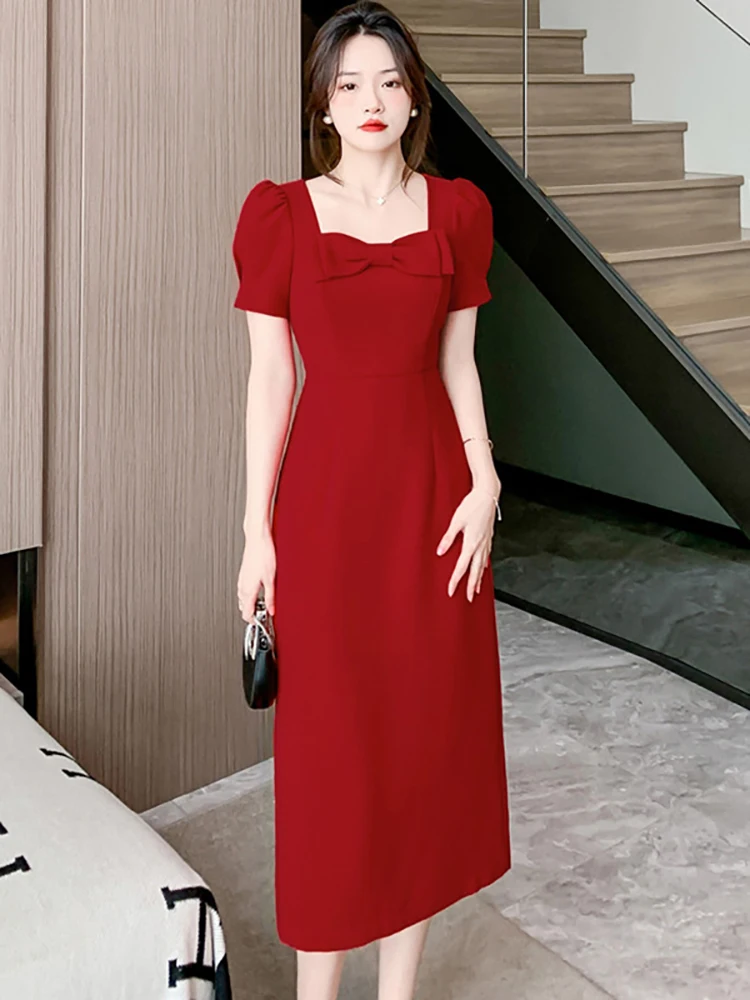 

Women Red Short Sleeve Bow Collar Ruffled Mini Dress Summer Black Korean Vintage Hepburn Long Dress 2023 Elegant Luxury Vestidos