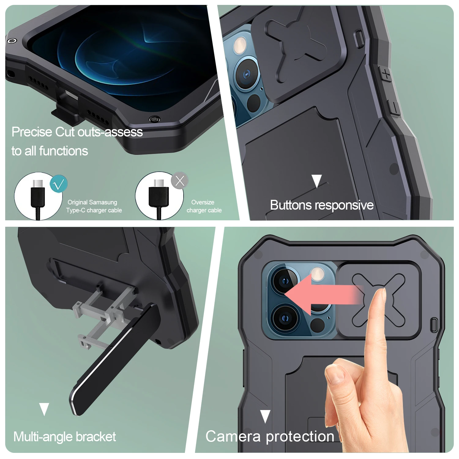 Shockproof Armor Metal Case For Iphone 14 13 12 Pro Max 14pro Plus Aluminum Bumper Stand Slide Door Camera Protector Phone Cover