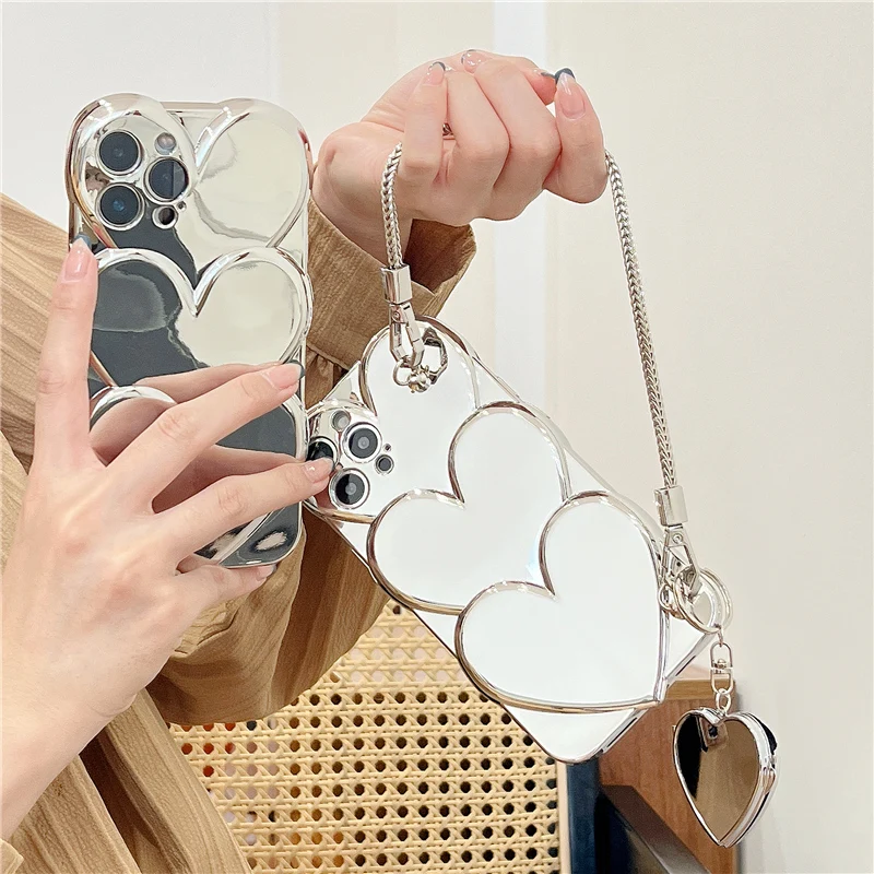 

Cute Multi-storey Heart With Vanity Mirror Lanyard Phone Cover Case For Iphone 14 13 12 11 Pro Max Anti-fall Soft Coque Fundas