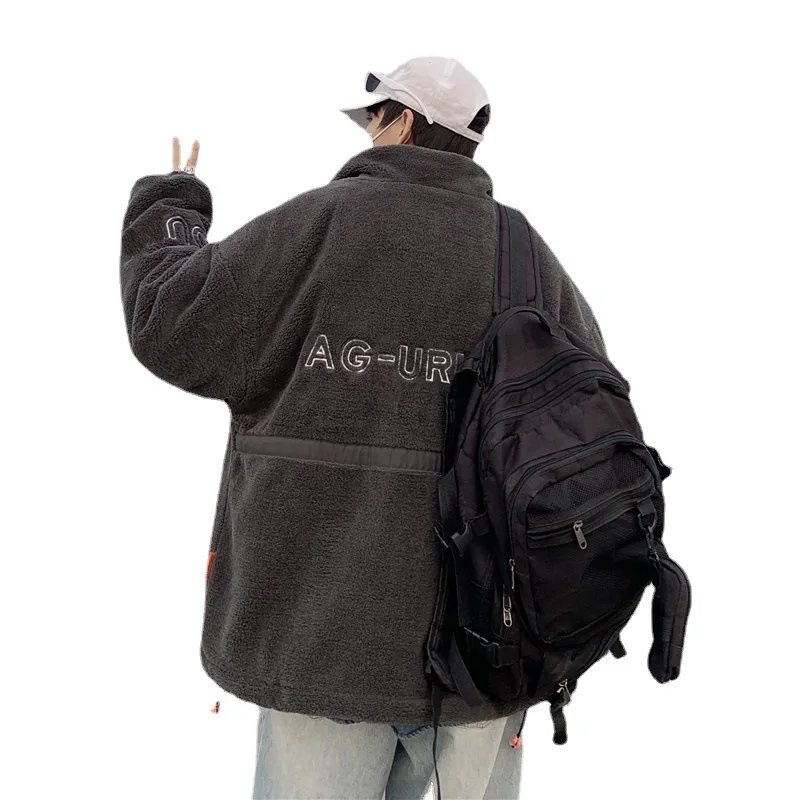 2022 Fashion Winter Coat Men's Jacket Casual Bomber Jacket Stand Collar Zip Up Faux Shearling Shaggy Oversized Shacket Jacket