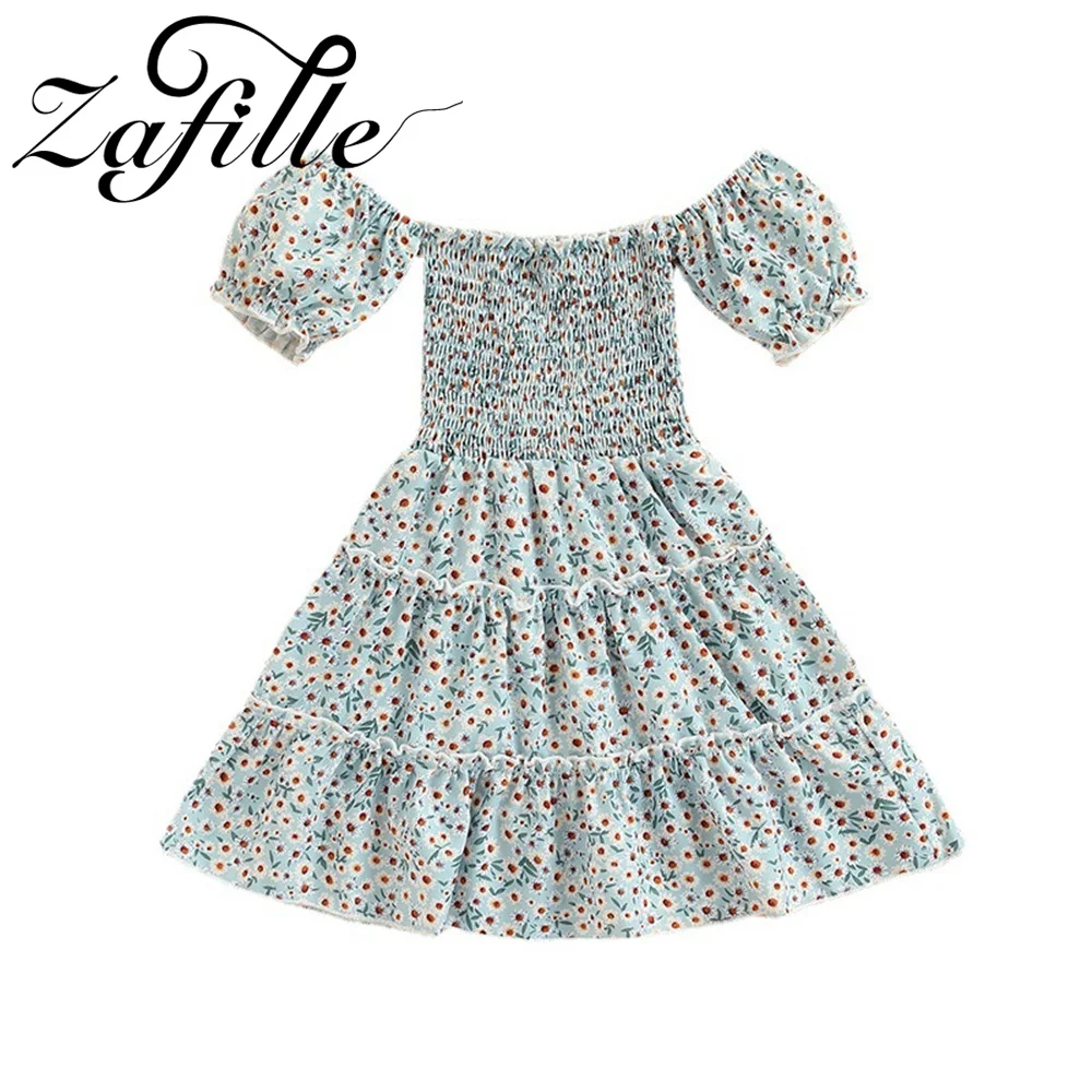 

ZAFILLE Off Shoulder Floral Dress For Kids Girls Clothing Daisy Printed Baby Clothes Summer Outfits Pincess Children's Dresses