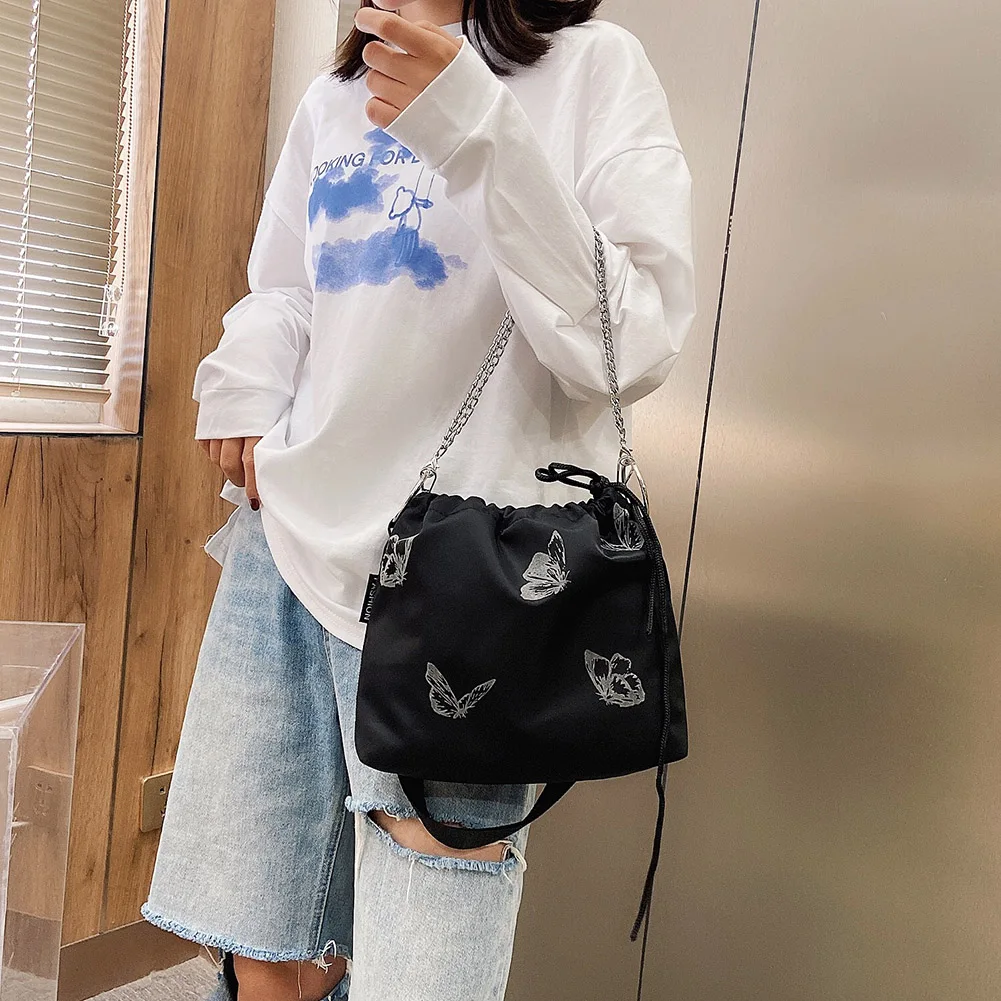 

Fashion Luminous Butterfly Messenger Bag Women Drawstring Chain Shoulder Pouch Youth Ladies Simple Versatile Bag