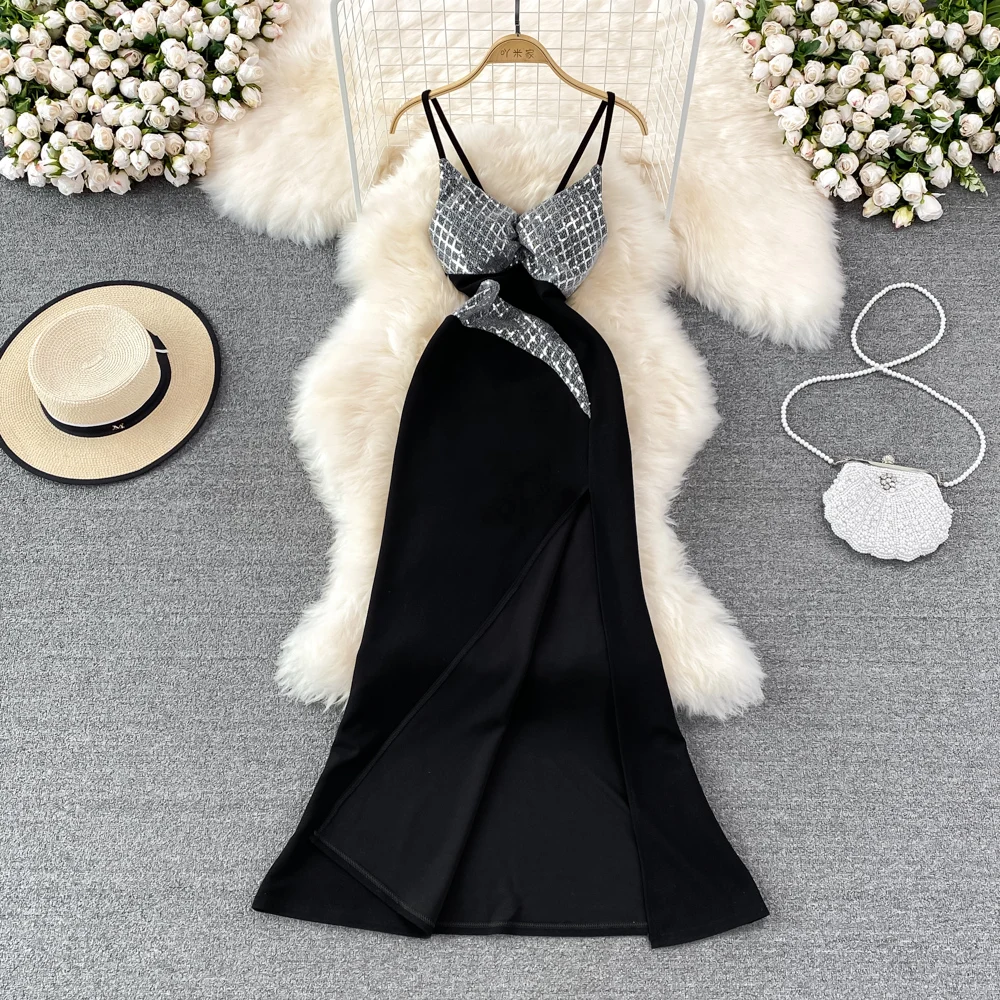 

Summer New Women Dresses Temperament Sequin Patchwork Banquet Evening Gown Sexy Spaghetti Strap V-Neck Backless Slit Party Dress