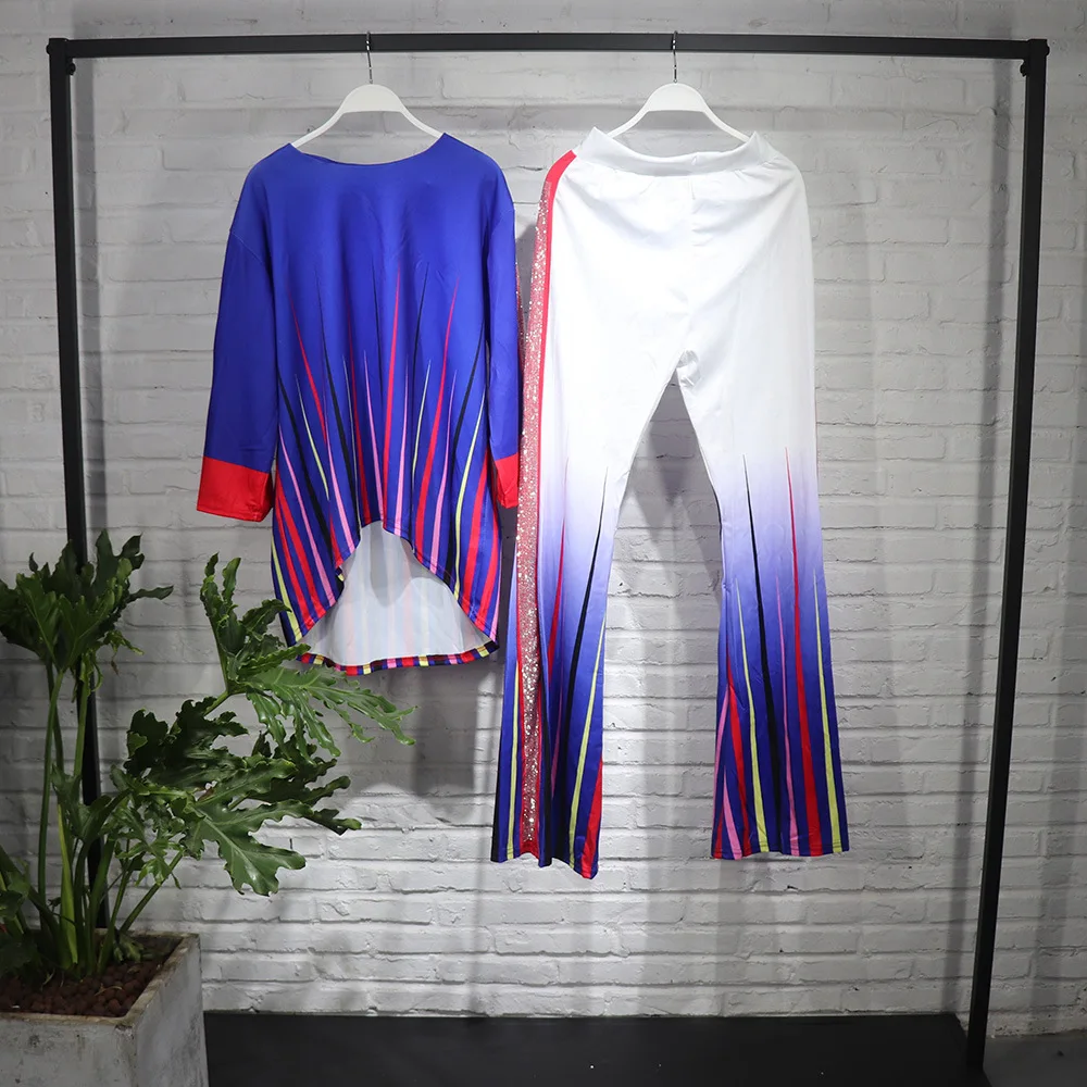 

Blue Pants Set Loose Straight Pants African Ladies 7 Point Sleeve Round Neck Top T Shirt Two Piece Set Spring Yellow Casual Wea