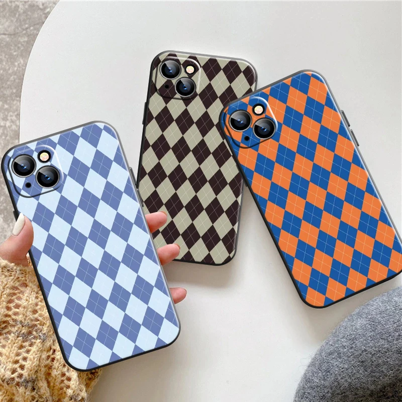 

Color Grid Lattice Phone Case For iPhone 13 11 Pro 12 Mini MAX X XR XS 8 7 Plus 6 6s SE 2020 Liquid Silicon Carcasa Funda Black