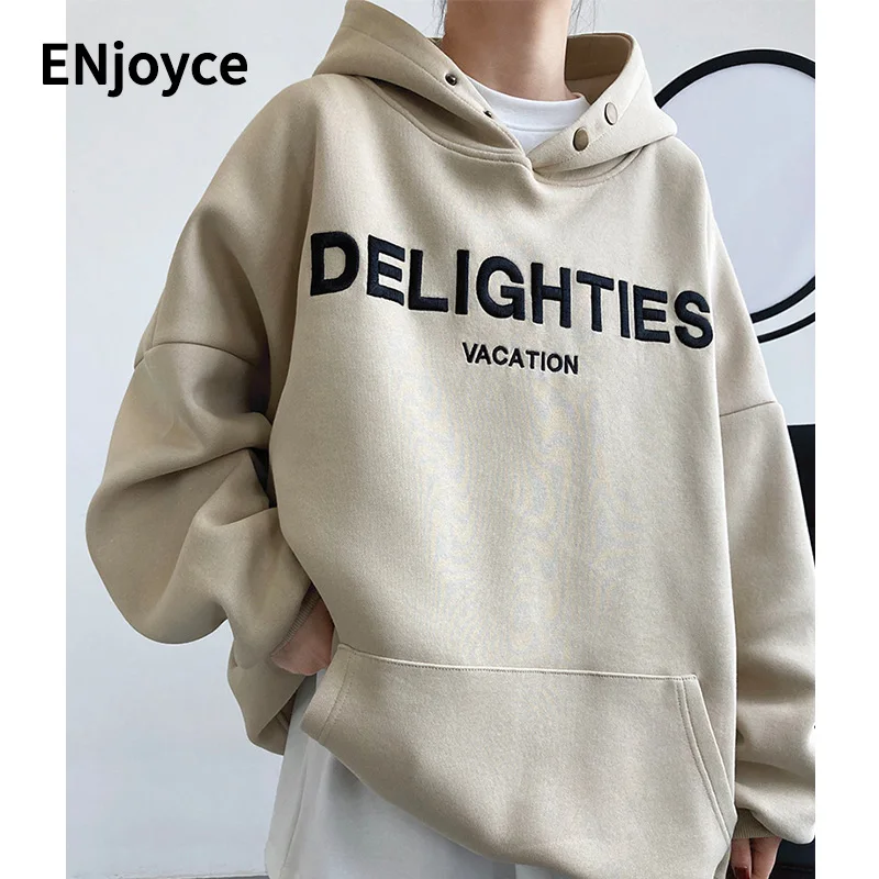 Winter Street Style Vintage Embroidered Printed Hooded Pullover Sweatshirt Women Loose Oversized Jacket Thick Inner Fleece Coats
