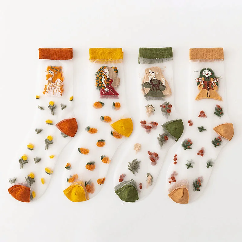 

Dreamlikelin Spring Summer Thin Transparent Silk Socks Kawaii Flower Girl Embroidery Aesthetic Socks Candy Color Women Lace Sock