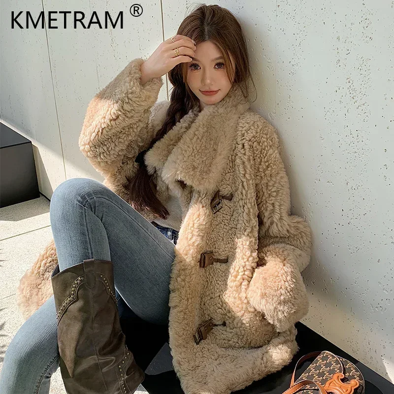 Женская Шуба из натурального овечьего меха Повседневная Верхняя одежда средней